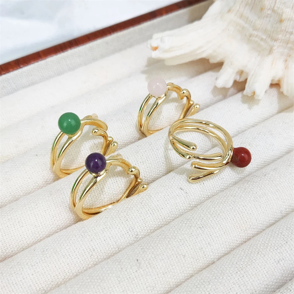 Special Design Natural Pearl Jewelry 18K Gold Plated Resizable Rings Yellow Jade Green Aventurine Tiger Eye Ring Crystal Gifts