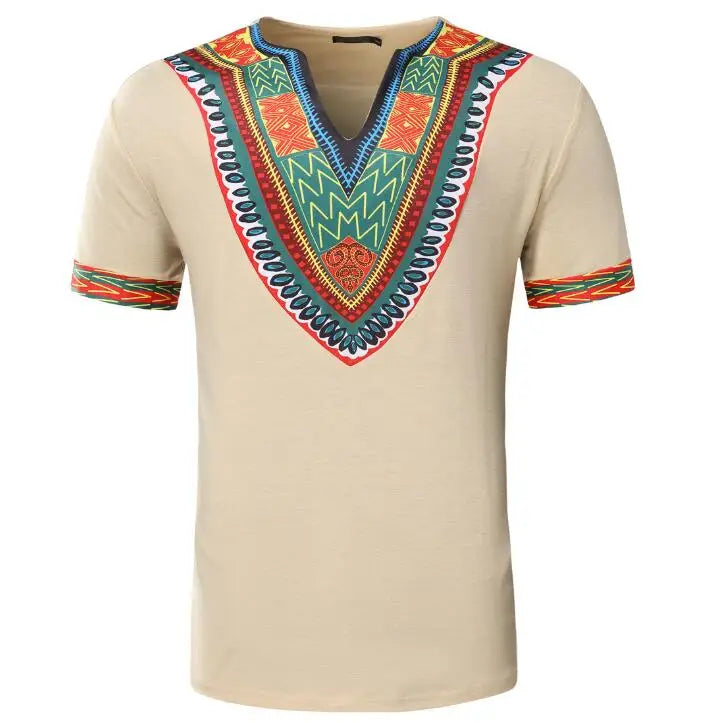 New Men's Summer Big Size Tees African Ethnic Style Printed Tops Short Sleeve V-Neck T-shirt