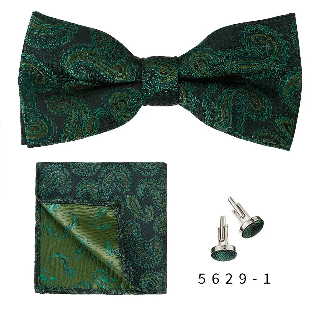 Luxury Custom Green Bowtie for Men Polyester Pocket Square Cufflinks Gift Set for Weddings Parties and Special Occasions
