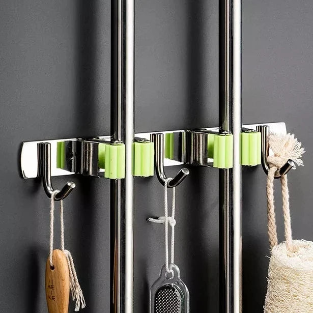 Wall Mount Stainless Steel 304 Hardware for Home Cleaning Metal Mop and Broom Holder with Storage Clip for Kitchen Use