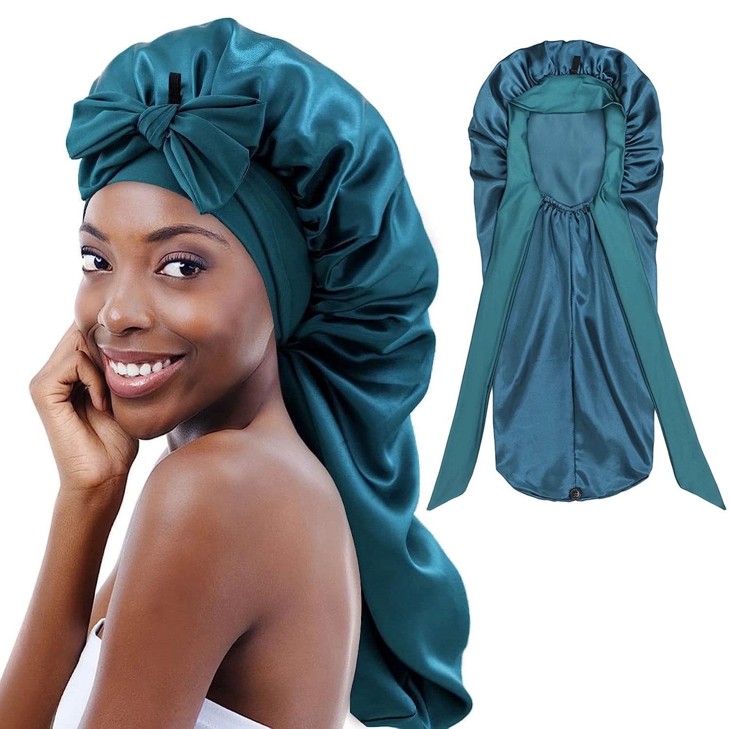 Night Sleeping Cap Foldable Elastic Tie Band Hair Silk En Satin Braid Long Bonnets for Braids With Snap