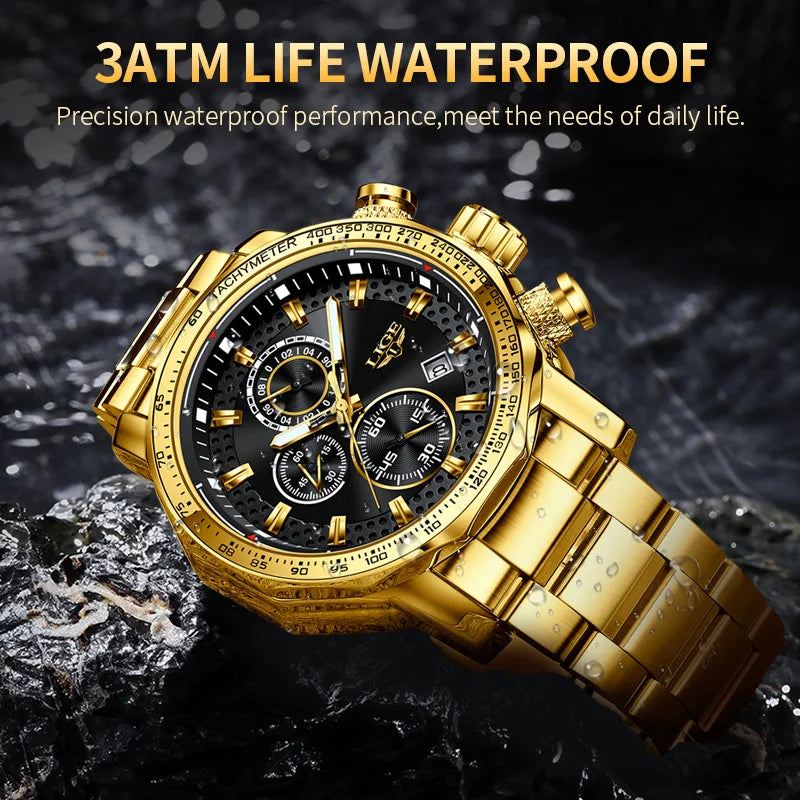 LIGE LG9902 Watches for Men 45mm Dial Quartz Watch Men Chronograph Luxury Stainless Steel Clock Luminous Wristwatch+ Gift Box