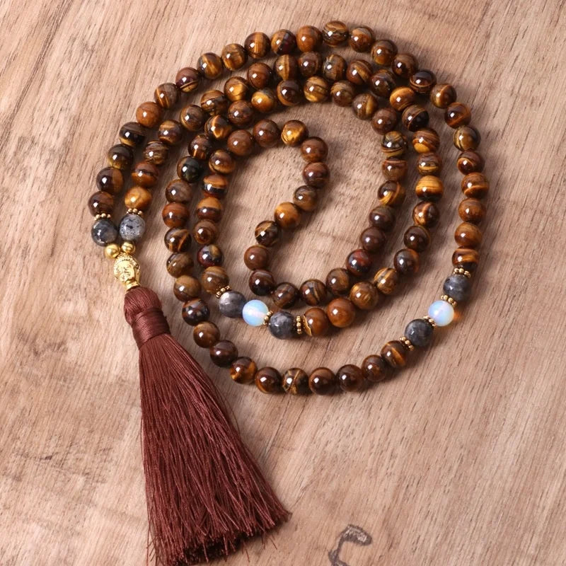 108 Beads Healing Mala Prayer Necklace Tiger Eye Tassel Pendant Necklace Natural Stone Meditation Spiritual Protection Necklace