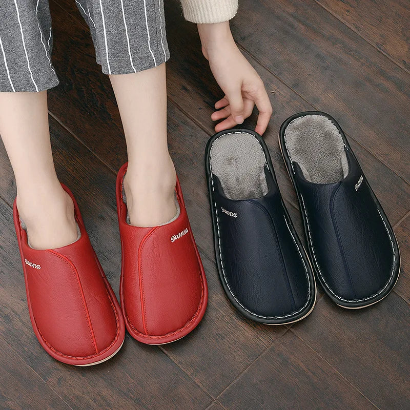 Fashion Waterproof Winter Warm PU slippers Anti-slip Home Winter Leather slippers