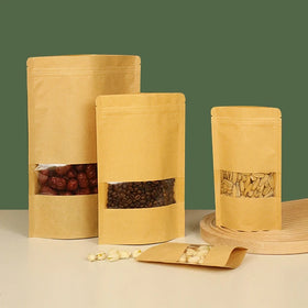 Custom Printed Kraft Paper Ziplock Food Packaging Bag Stand up Pouch with Zipper and Window for Sugar Pet Food Potato Chips