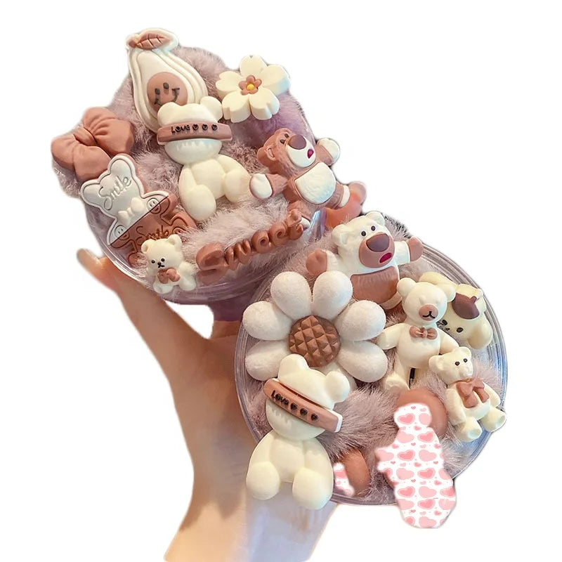 MIO Thick Faux Fur Cartoon Bear Elastic Hair Ties New Cute Fluffy Plush Scrunchie Set Flower Hair Bands for Women Girls