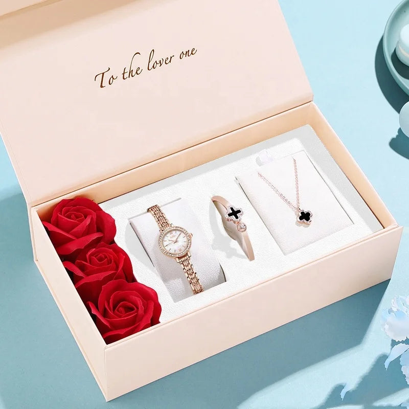 Wholesale Valentine Gift Women Waterproof 30m Zircon Bracelets Jewelry Set Stainless Steel Quartz Watches with Box