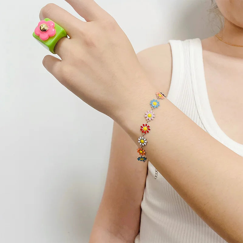 Hot New Jewelry Bohemian Style Titanium Steel Daisy Drops Glue Cute Bracelets for Girls Bracelet for Girls