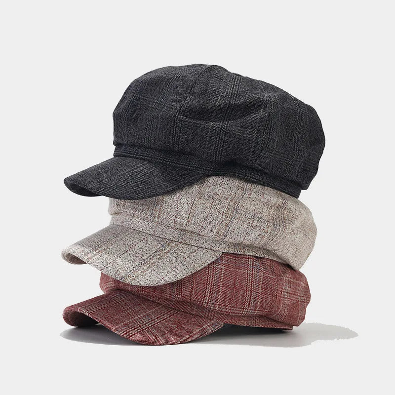 British Style Retro Plaid Women Newsboy Cap Fashion Casual Short Brim Duck Tongue Outdoor Beret Hat for Women