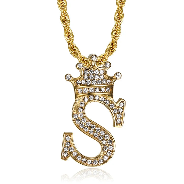 Hiphop Crown Queen Name Letter Jewelry Stainless Steel 18k Gold Plated Initial Necklace for Women Men