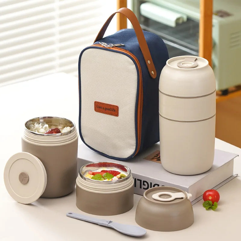 Portable Stainless Steel Thermal Lunch Box Set Stackable Multi-Layer Bento Box with Insulated Bag and Spoon