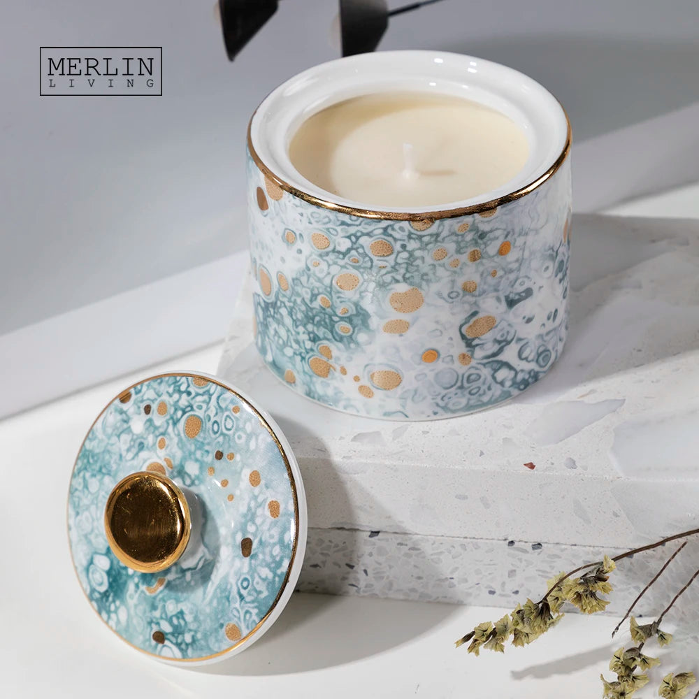 Merlin Living Candle Ceramic Jar With Lid Modern Home Decor for Candle Holder