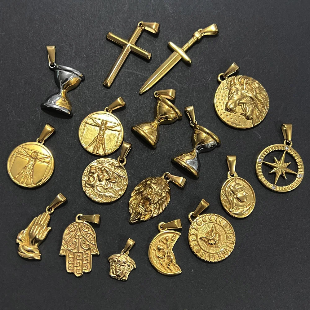 26 Styles Crucifix Pendant Medusa Charm Compass Necklace Stainless Steel Angel Wing Choker Vitruvian Man Charm Lion Head Pendant