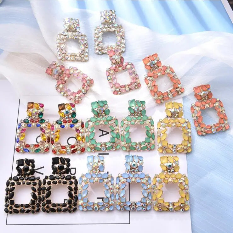 Wholesale ZA New Colorful Crystals Drop Earrings Jewelry Accessories for Women Fashion Trend Square Geometry Rhinestone  Earring