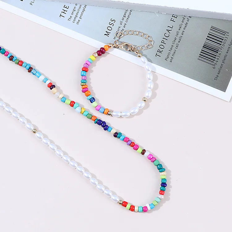 Hot Sales Lady Summer Colorful Beading Necklaces Fashion Boho Rice Pearl Colored Seedbeads Bracelet for Women