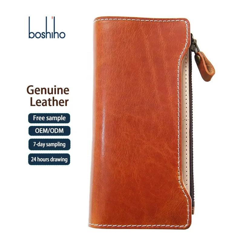 Luxury Handmade Italian Vegetable Tanned Leather Wallet Zipper Pocket Leather Women Wallet