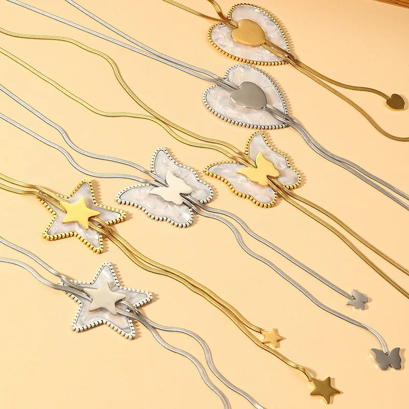 White Shell Heart Sweater Chain Women Necklace Stainless Steel Butterfly Metal Jewelry Gold Silver Fashion Necklace 2025