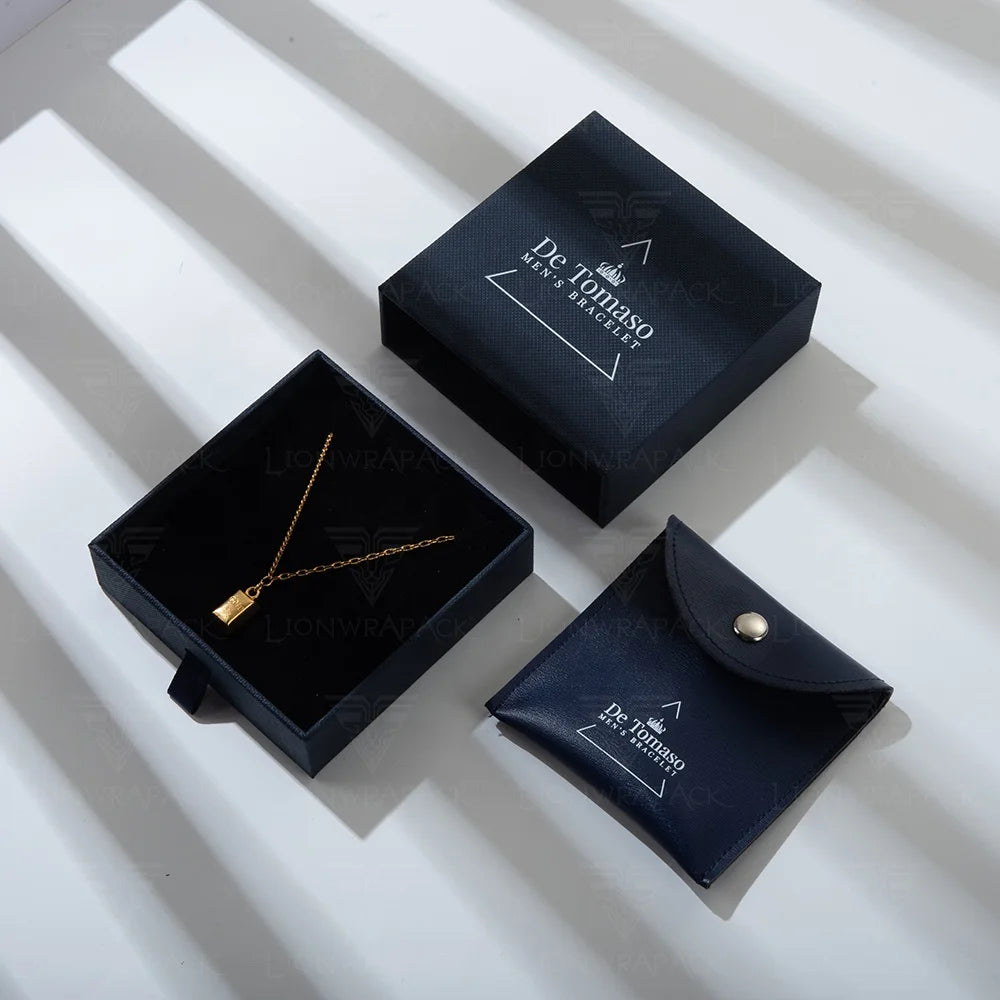 Lionwrapack Custom Deep Blue Slide Drawer Jewlery Box Packaging Paper Jewelry Packaging Box With Leather Jewelry Pouch
