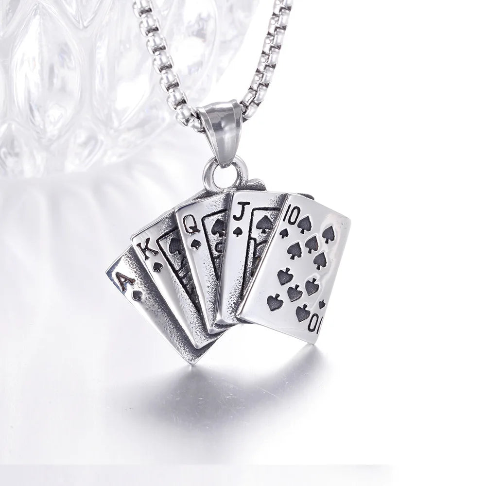 New Design Men Stainless Steel Silver Plated Funny Poker Card Link Chain Pendants Jewelry Necklace Gift