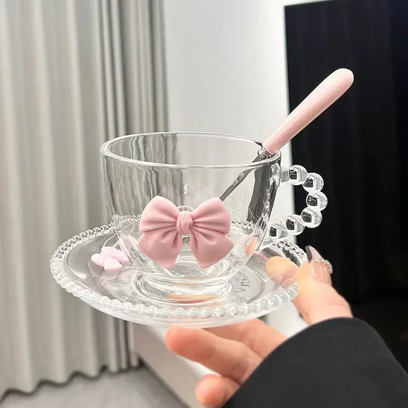Glass Coffee Cup Black Tea Green Cup and Saucer Spoon Set for Drinking Glass Tea Cup with Flower