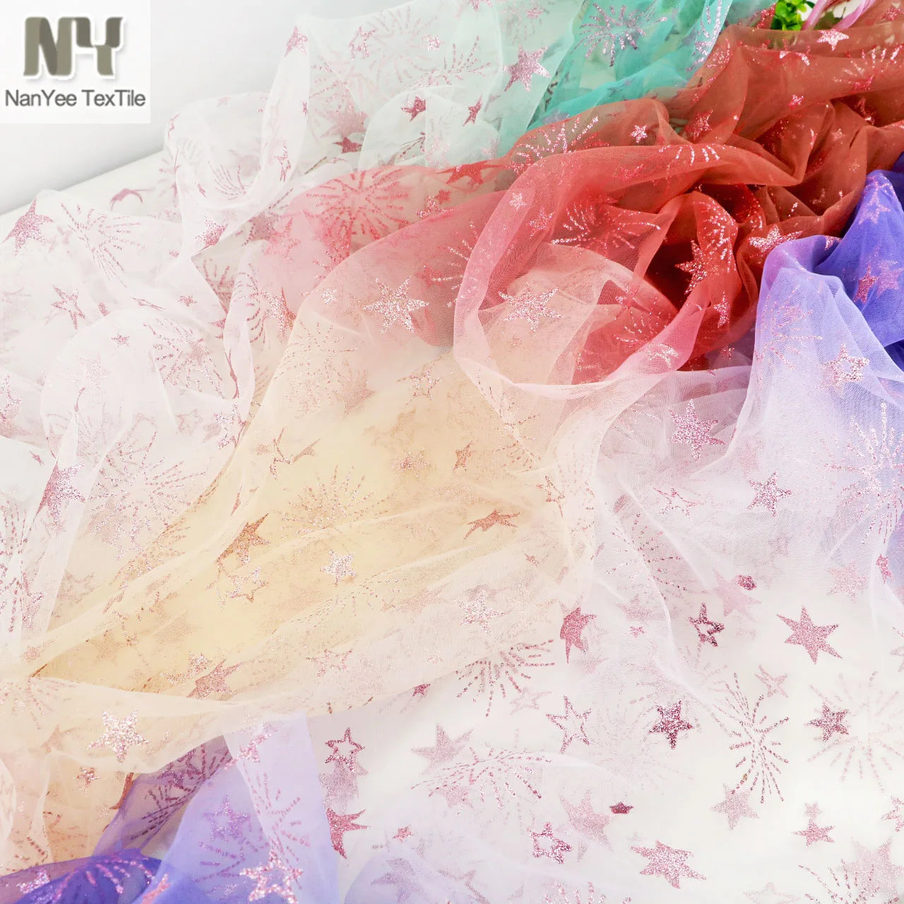 Nanyee Textile Low Minimum Soft Ombre Tulle Fabric With Shiny Foiled Glitter
