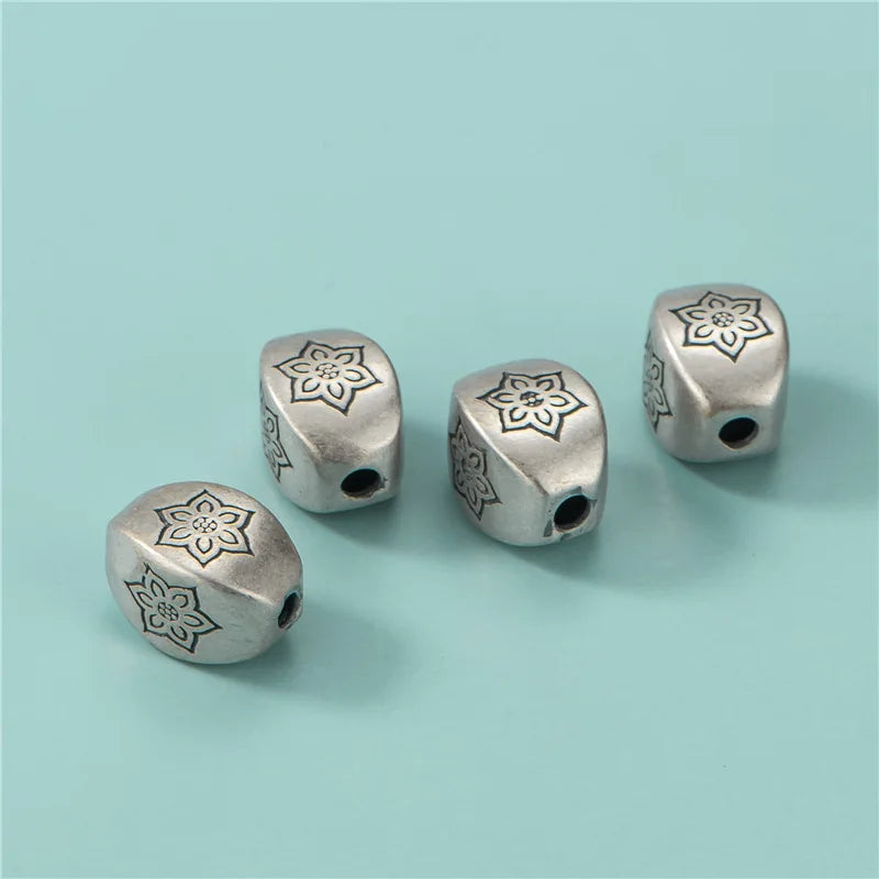 12mm Floret Barrel Beads Vintage Antique S925 Sterling Silver Engraved Flower Oval Tube Spacer Beads for Jewelry Making