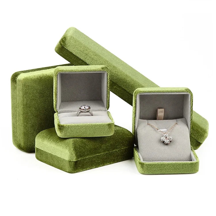 Top Quality Custom Pendant Necklace Ring Earring Set Green Velvet Suede Ring Fabric Jewelry Box