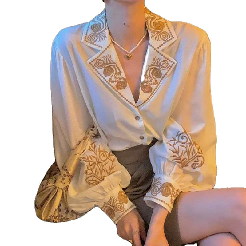Vintage Floral Embroidery Blusas Mujer Elegant Women Blouses and Tops Autumn Short Ladies Shirts Chemisier Femme