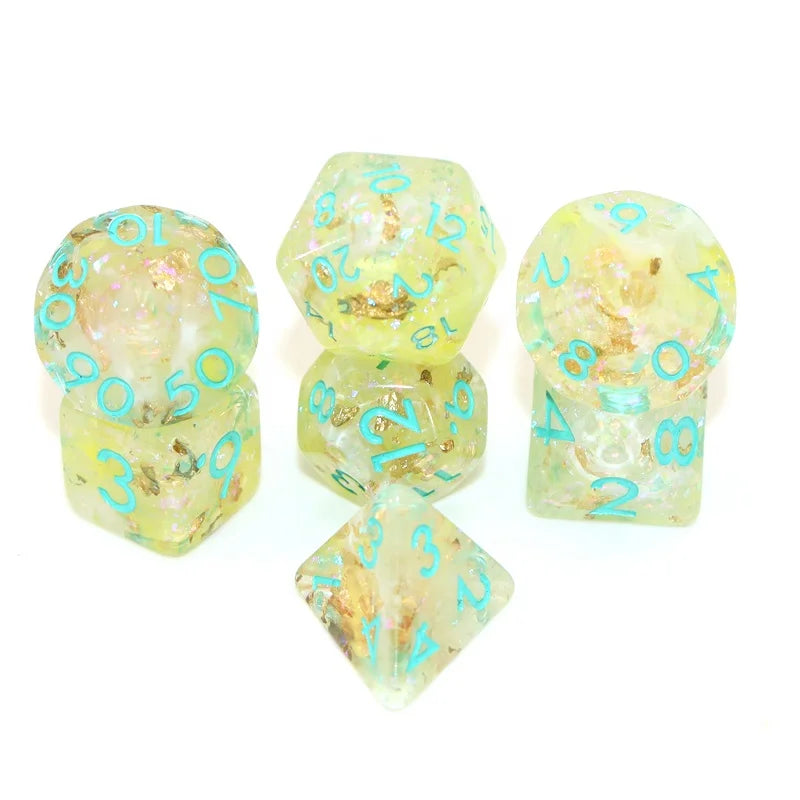 16mm Custom Dice Set Dnd Polyhedral Rpg Yellow Swirled purple Mica Glitter Gold Foil --green Ink Resin Dice