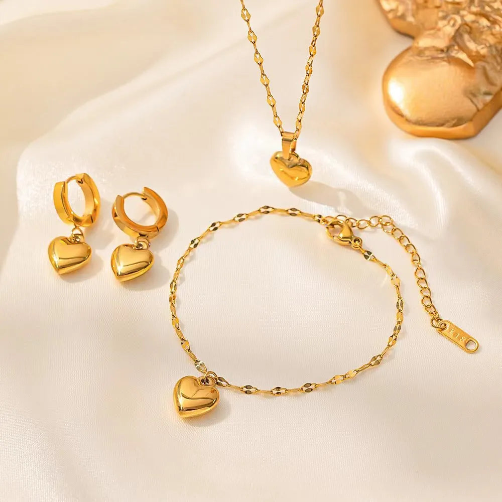 Women's Fashion Stainless Steel 18K Gold Plated Love Heart Pendant Necklace Earrings Bracelet Jewelry Set Wedding Jewelry Gift