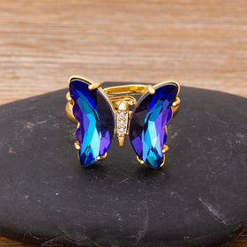 QIKU Butterfly Shape 10 Colors Rhinestone Opening Adjustable Rings Women Copper Zircon Jewelry Accessories Gift Wholesale Price