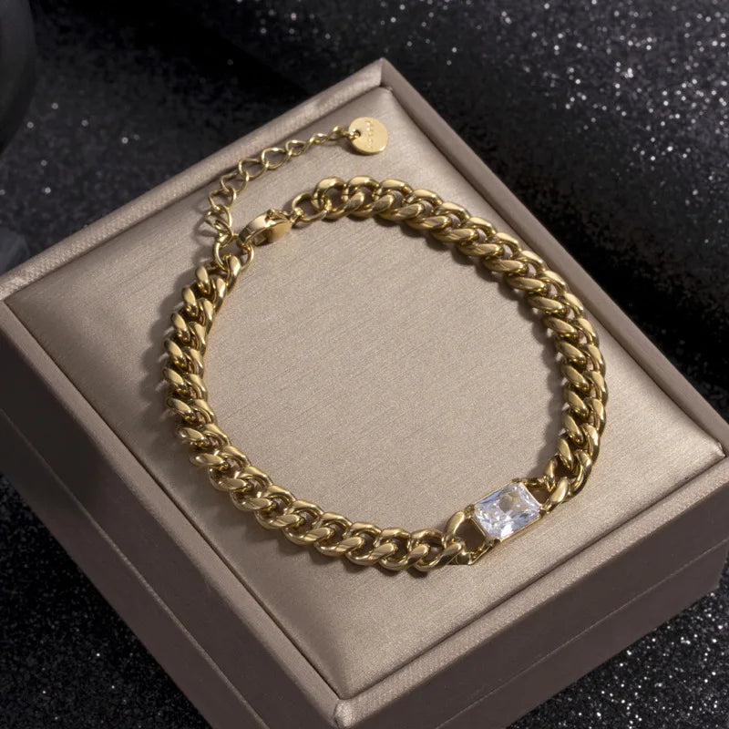Light Luxury Stainless Steel Cz Set Square Colored Gold Plated Diamond Women Thick Hip Hop Chain Women Bracelet