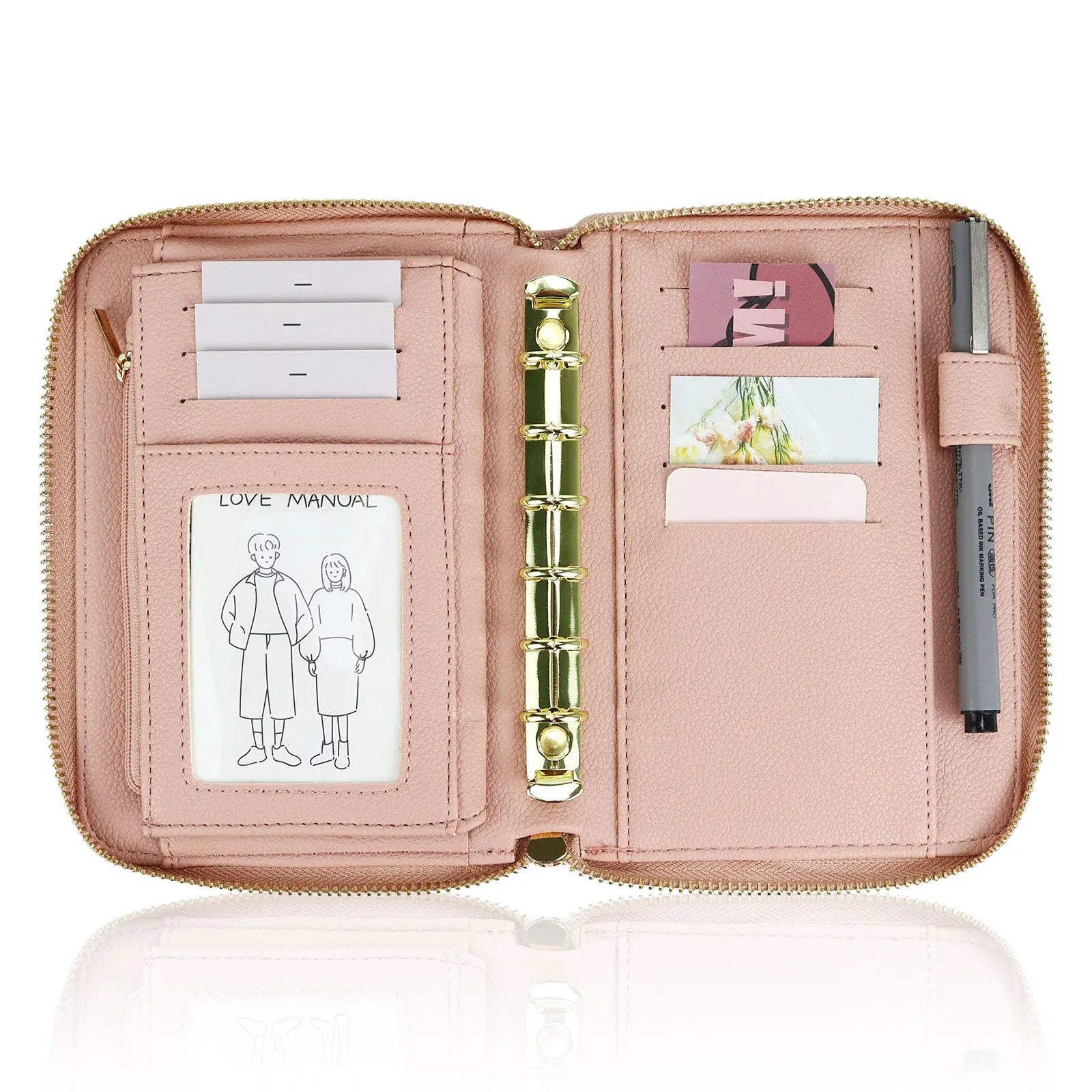 Wholesale Cute pink 6 Ring Binder Folder Women Girls Pu Leather Portfolio Padfolio Notebook Budget Binderm Planner with Pockets