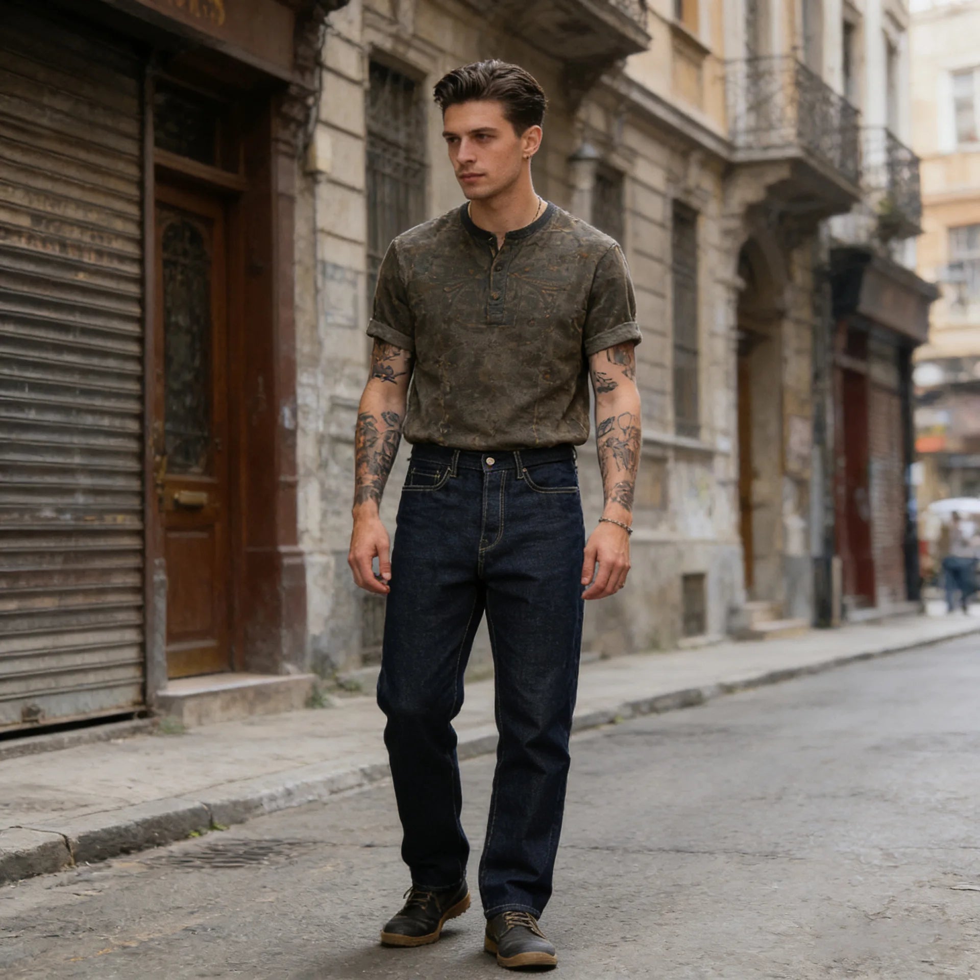 Red Raw Selvage Denim Jeans for Men Washed Straight Leg Denim Pants Button Fly Mid Waist Deep Color Jean