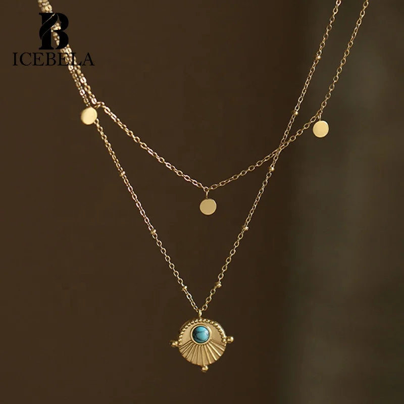 Bohemian-style Vintage S925 Sterling Silver 18K Gold-plated Blue Turquoise Layered Pendant Double-layered Necklace for Women