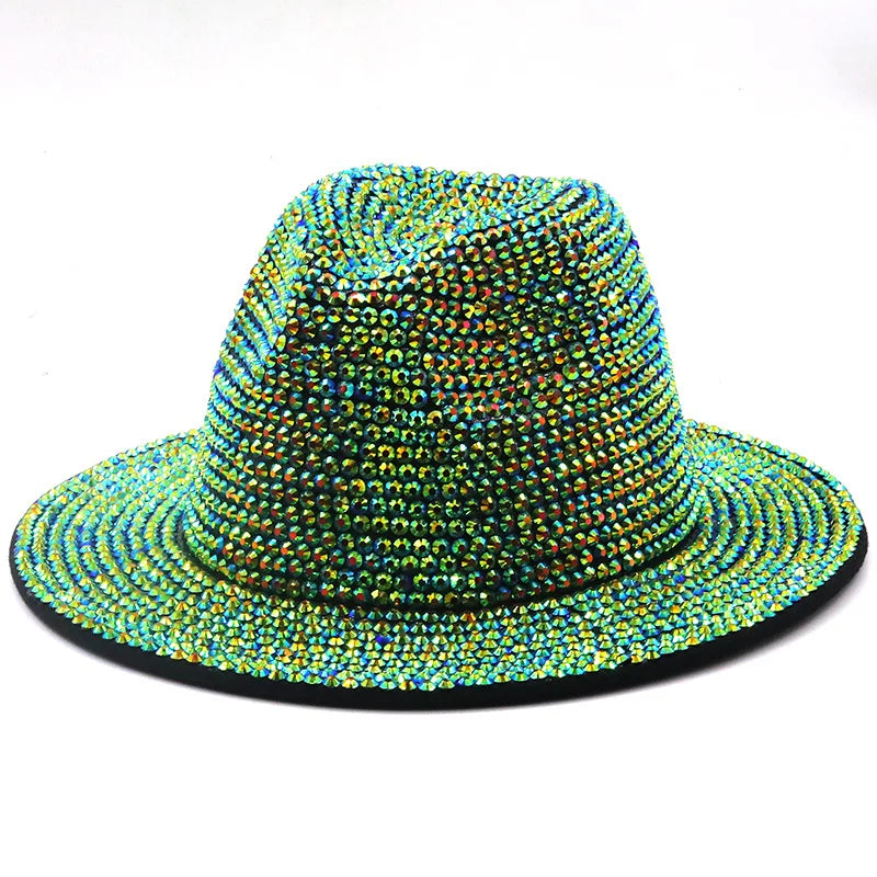 Trendy Women's Fedora Hats Shiny Felt Performance Rhinestone Jazz Hat Borsalino Panama Hat Trilby for Outdoor Parties