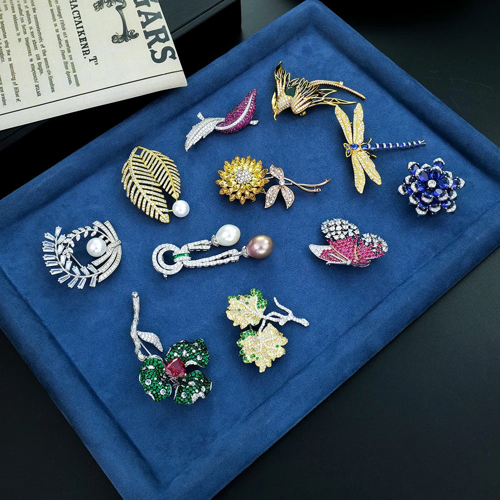 Stocks Trendy Fine Jewelry S925 Pin Brooch Elegant Plant Wings Butterfly Animal Flower Design with CZ Stones Luxury Jewelry