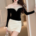 ZYHT 91684 Korean Style Vintage Black Velvet Blouse Top O Neck Long Sleeve Ruffle Elegant Blouses for Women Fashion Shirts