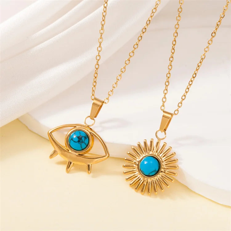 Wholesale No Fade Retro Stainless Steel 18K Gold Turquoise Eye Evil Women  Necklace