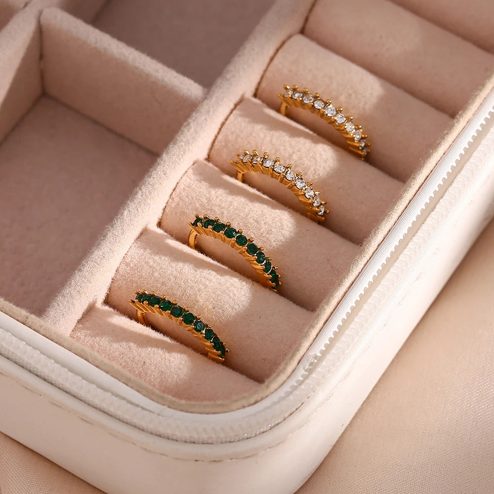 Women's Vintage 18K Gold Plated Stainless Steel Earrings Waterproof Zircon Diamond Hoop Gemstone Hoops