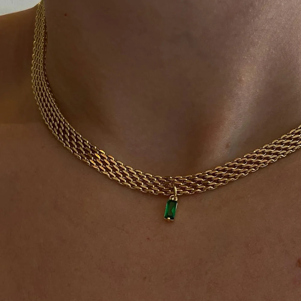 Personalised Stainless Steel 6 Colors Gem Stone 18K Gold Plated Chain Chocker Necklace Women