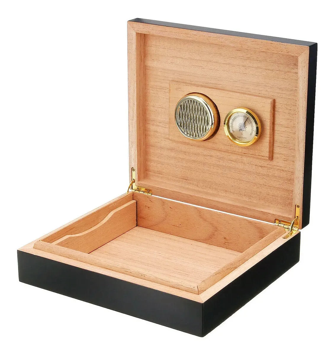 High-End Eco-Friendly European Design Gold Lacquer Travel Cigar Humidors Display Rectangle Wooden Black Cigar Storage Box Front