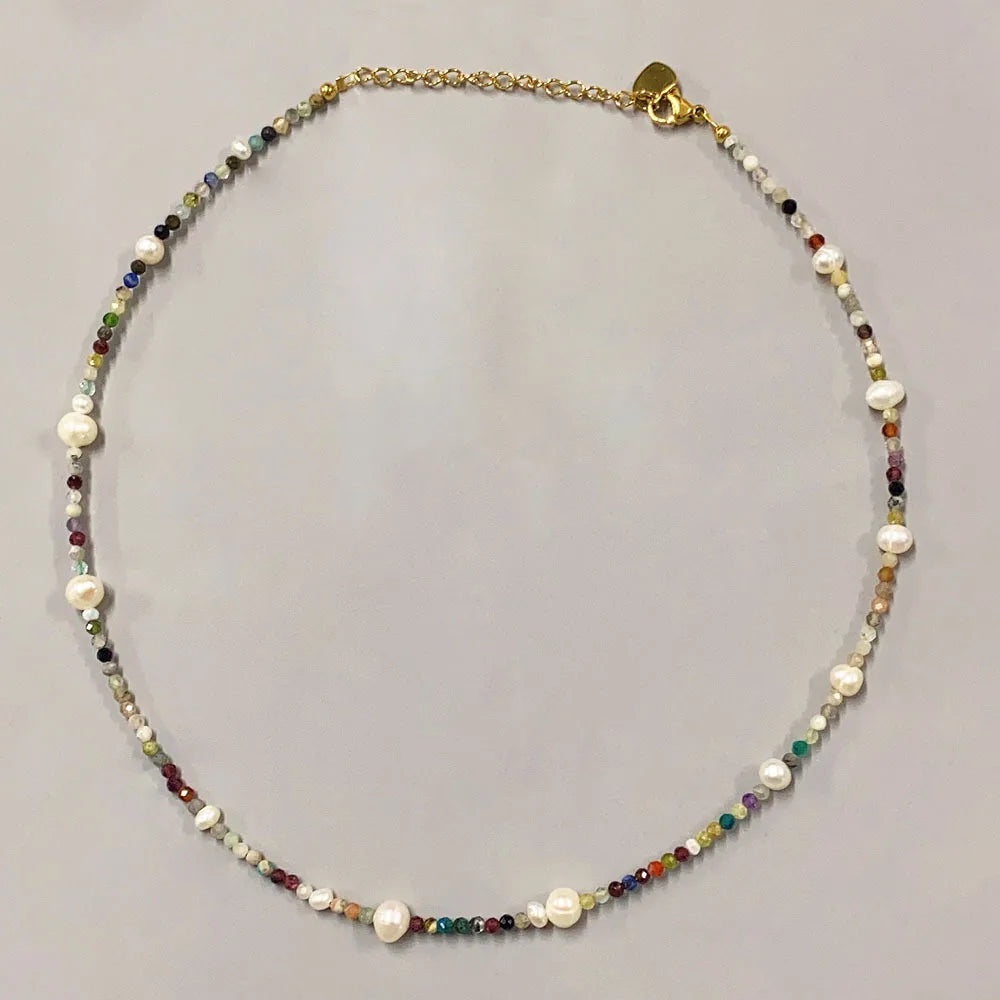 Chic Multi-Color Stone Choker Necklace with Freshwater Pearl Waterproof Elegant Jewelry for Daily Wear & Gifting