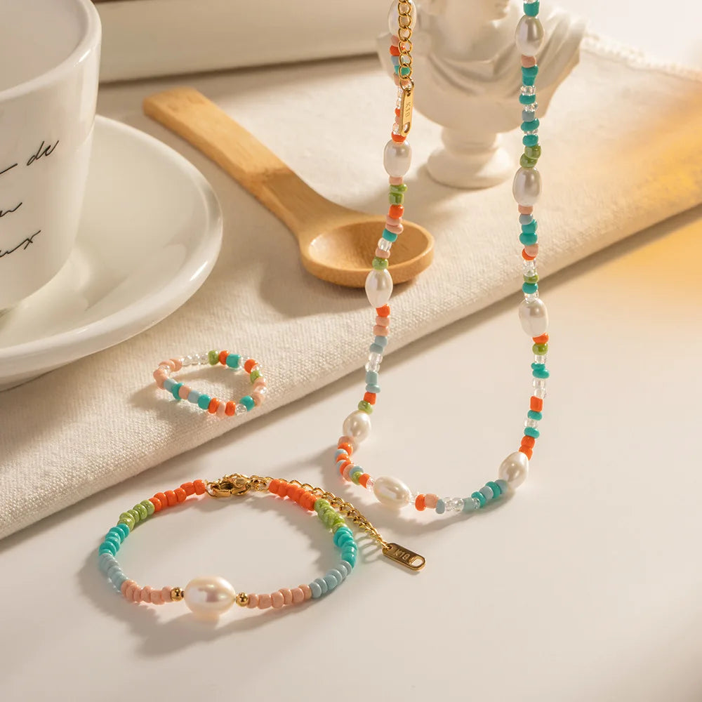 Hot Selling Summer Pearl Rice Beads Necklace Female Senior Feeling Bracelet Ring Color Beaded Kids Jewelry Set Wholesale
