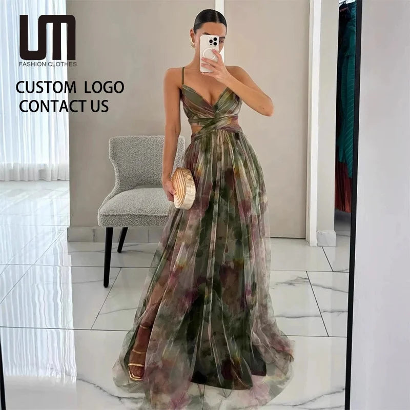 OEM Service Women Sleeveless V-Neck Maxi Dress - Summer Mesh Print Beach Dress Casual Party Vacation Dress