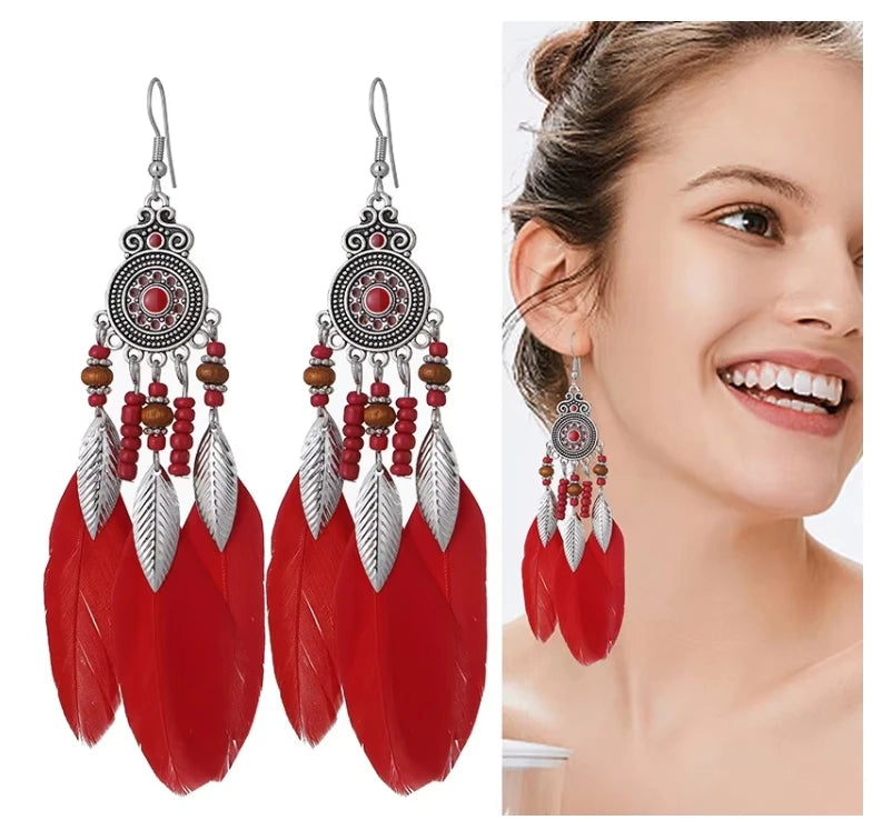 BINSHUO Wholesale Customize Jewelry Latest Fashion Ladies Bohemian Feather Long Tassel Chandelier Zinc Alloy Silver Earrings