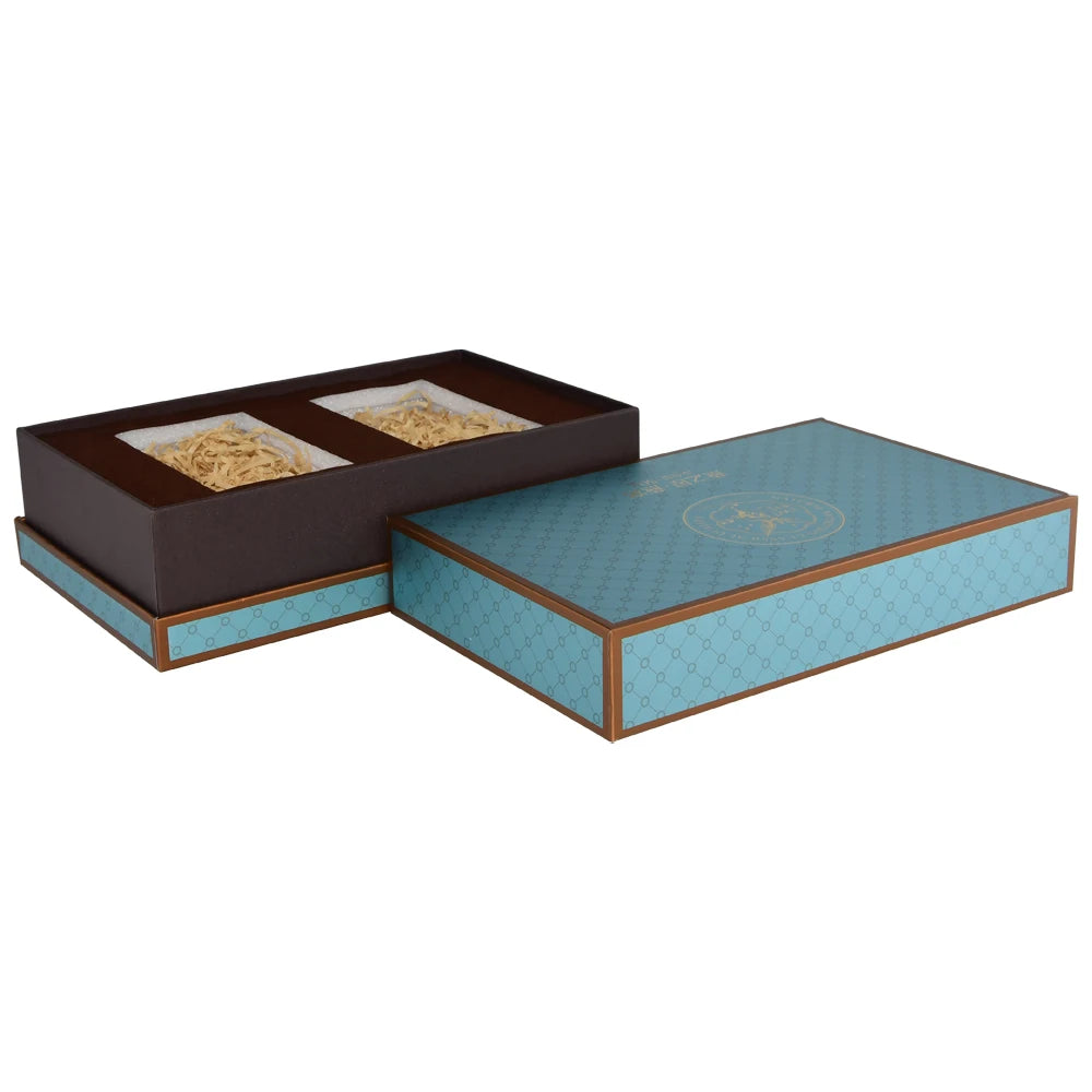 Custom Matt Blue Foil Stamping Neck Lid and Base Bird Nest Packaging Rigid Setup Gift Box for Food Packaging with Foam Holder