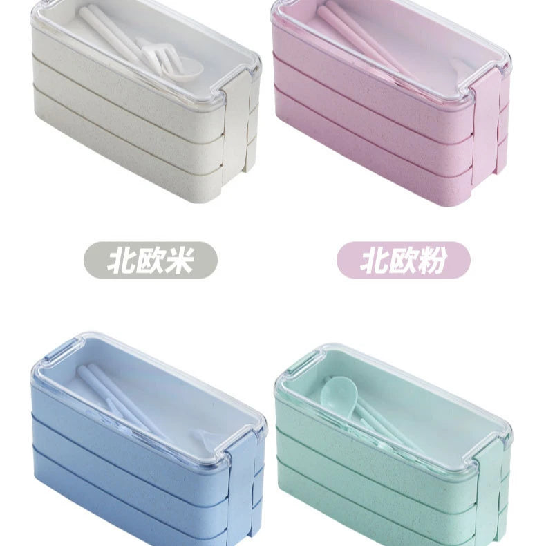 Three-layer Microwave Student Lunch Box Wheat Grass Bento Box