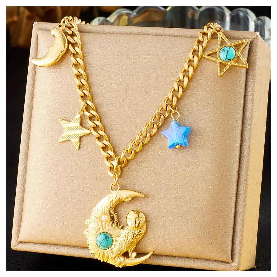 New Non Tarnish Stainless Steel Link Chain Necklace Jewelry 18k Pvd Gold Plated Owls Moon Star Charm Necklace for Women