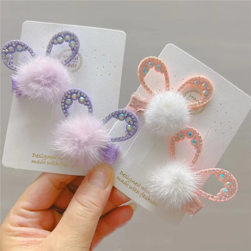2023 Autumn and Winter New Mink Bow Hairpin Pair Clip Cute Rhinestone Rabbit Ears Girls Bangs Clip Hair Accessories
